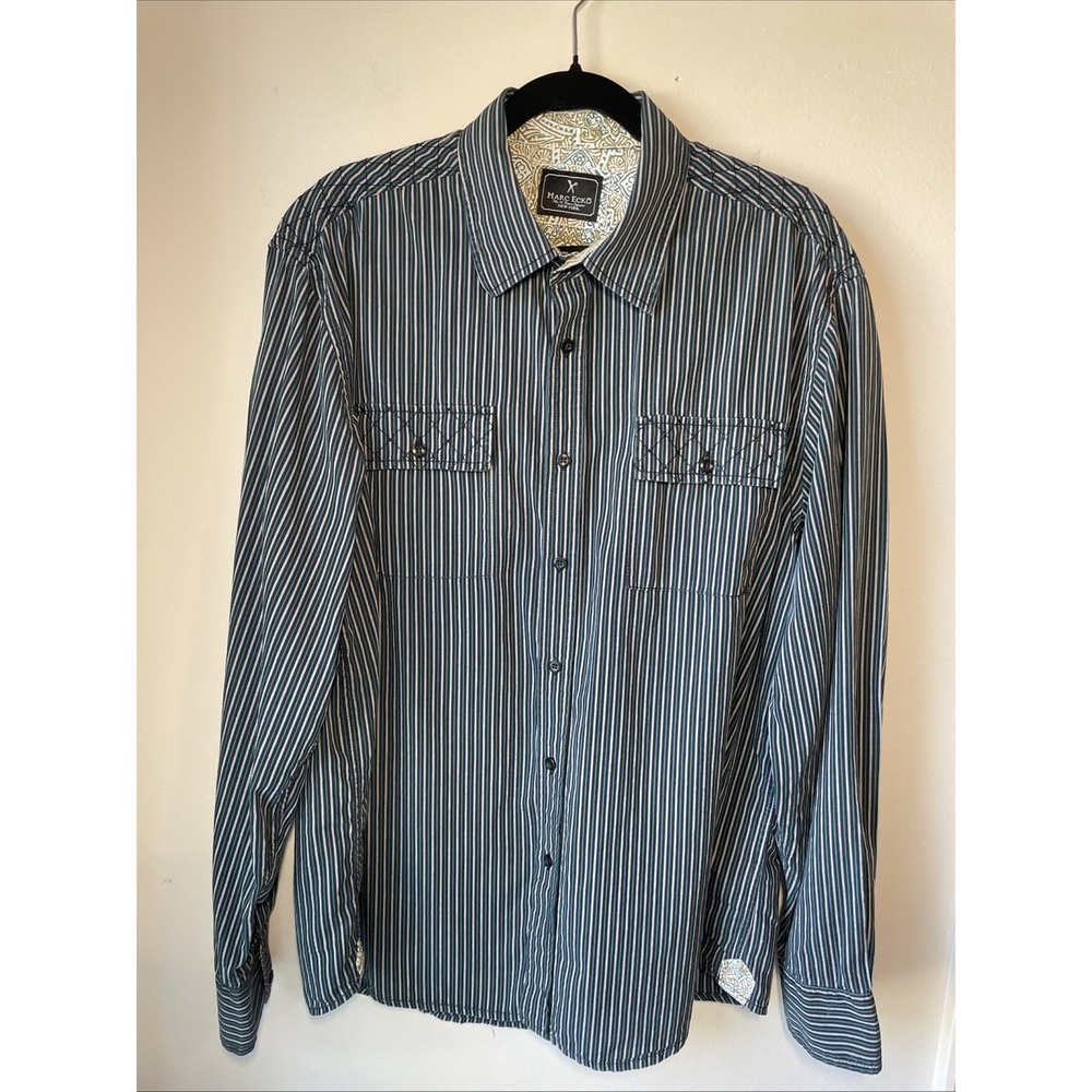 Marc Ecco Men's XL Striped Casual Button-Up Stitching Detail Lined Cuffs